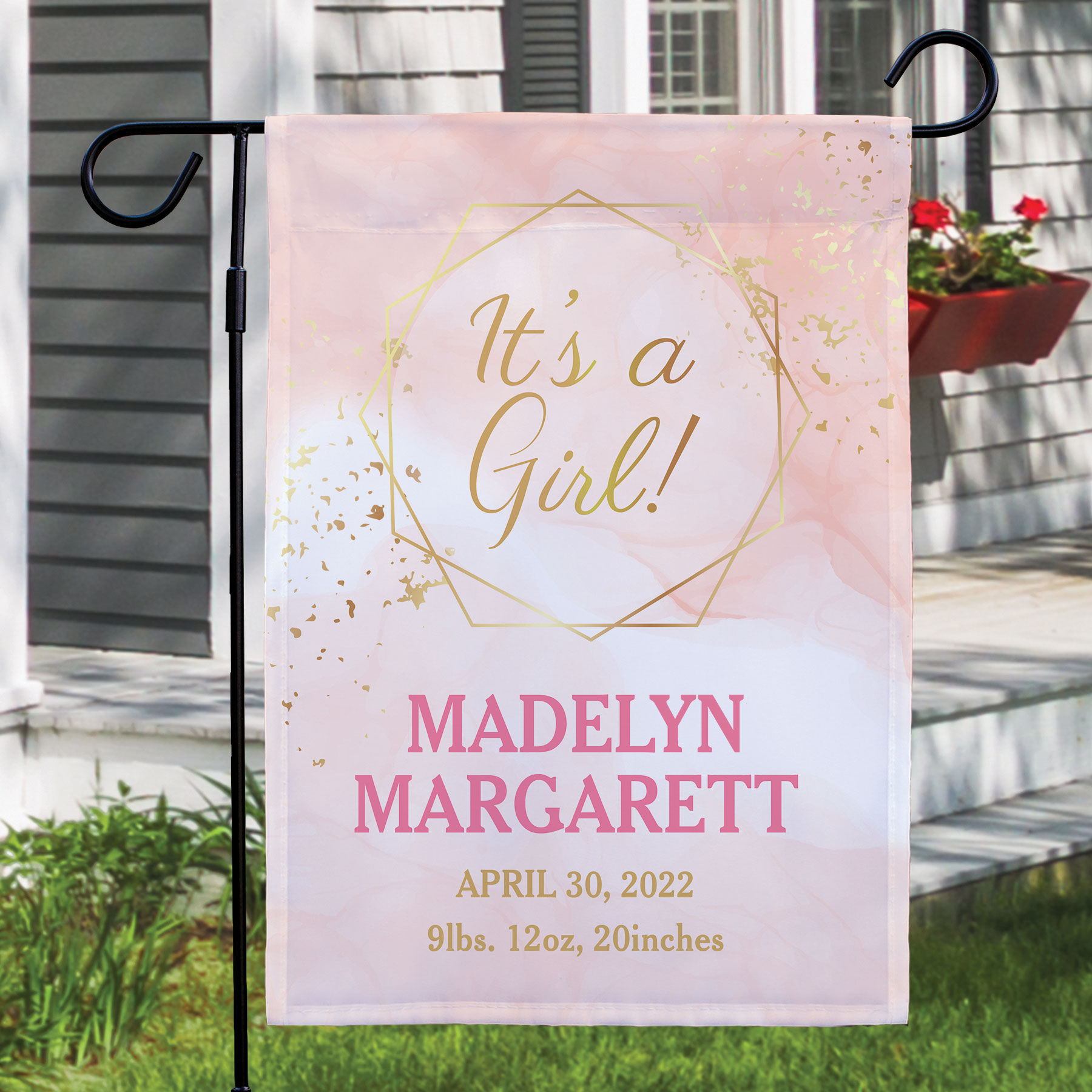 Personalized Watercolor with gold baby announcement garden flag 830xxx2X-WC